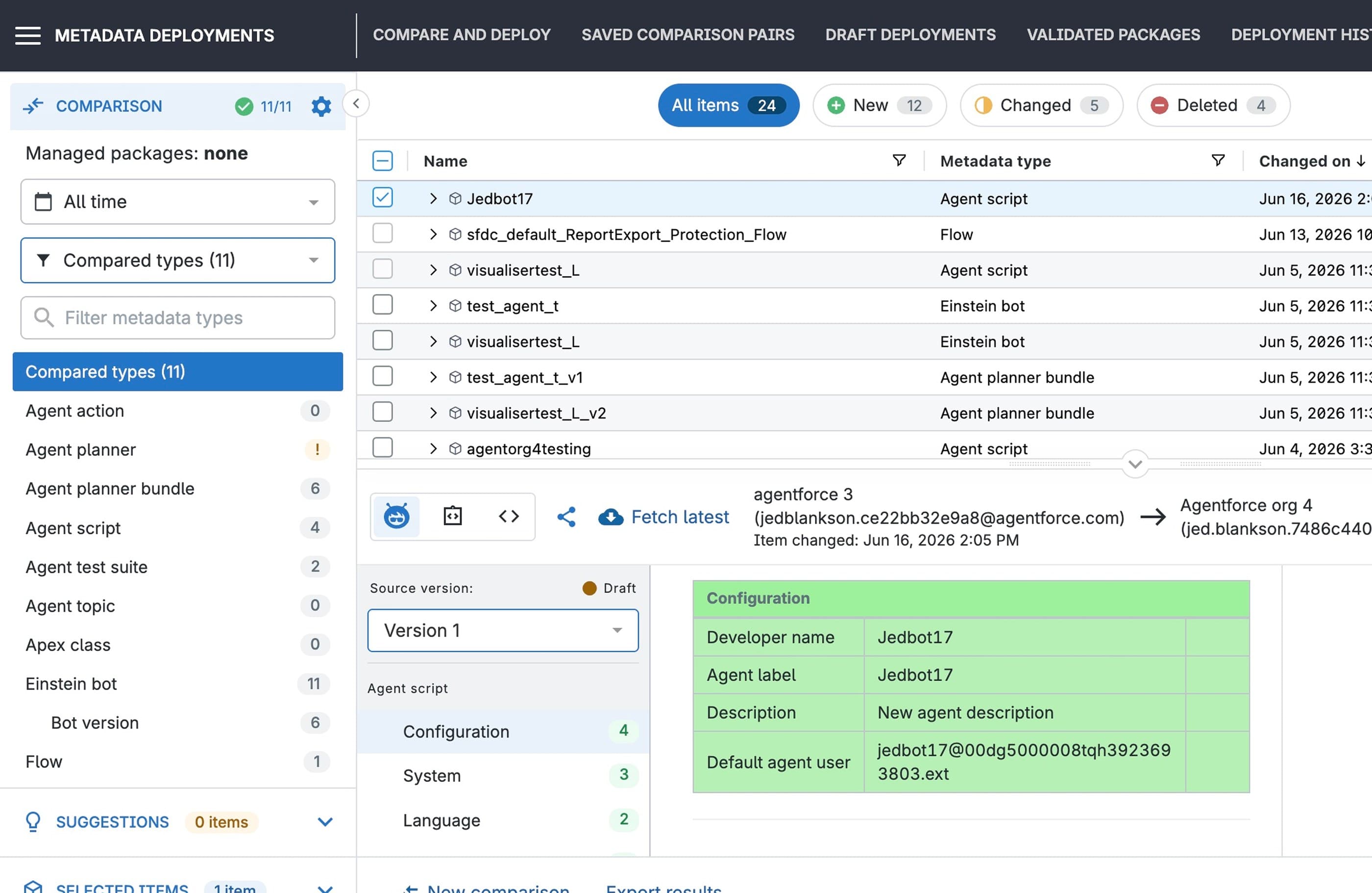 The shipped design, live in Gearset: versioned agent metadata as a readable table, a version picker, and the deploy landing safely as a draft. This is the feature running in production, not a mockup.