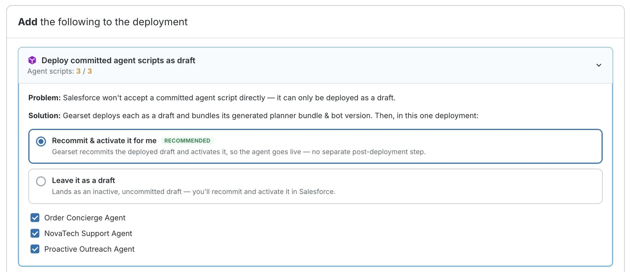 An early concept for the deploy step: committed agents land as an inactive draft by default, with auto-activation as an explicit, recommended opt-in, never the silent default.