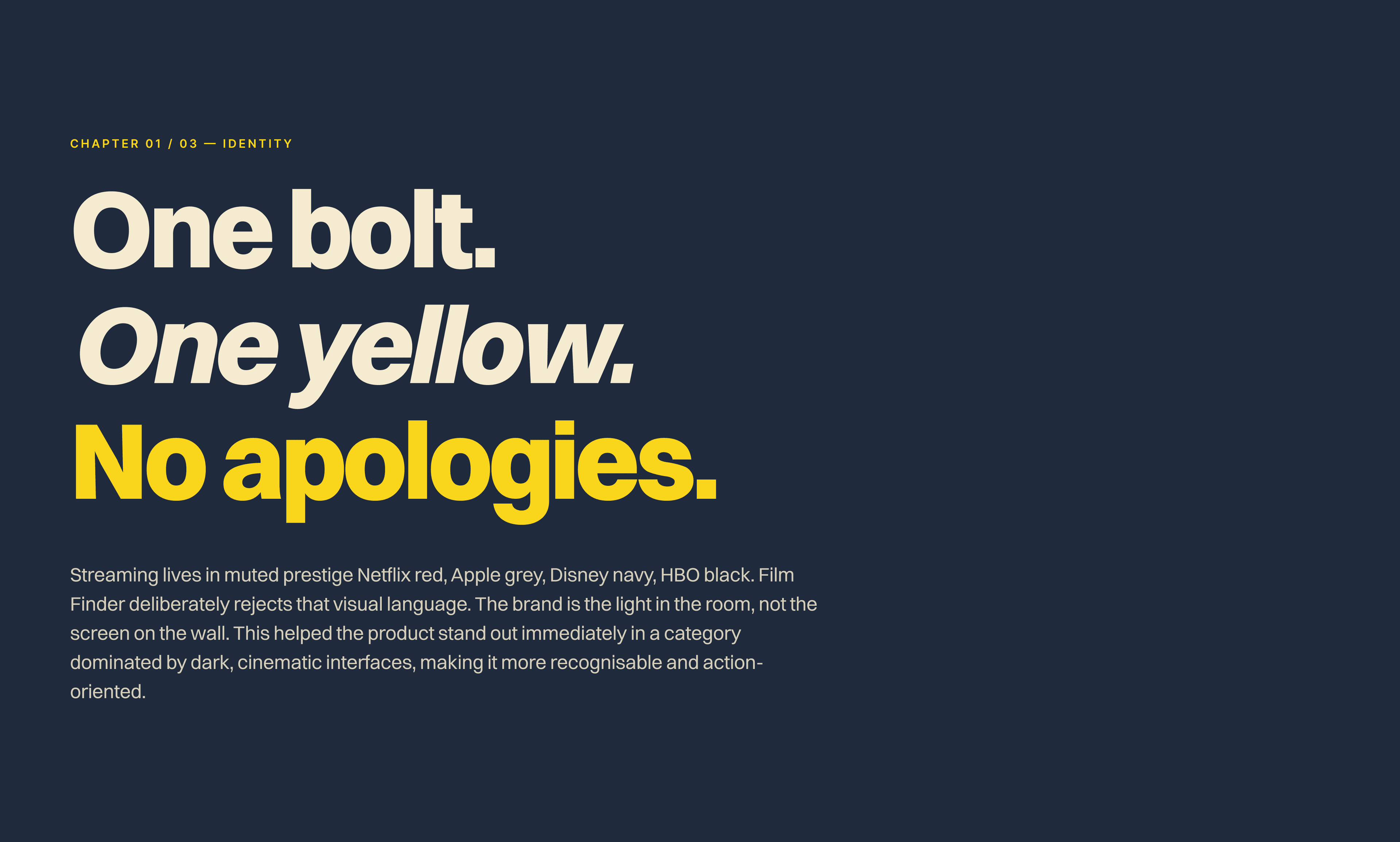 The identity in one line: one bolt, one yellow, no apologies.