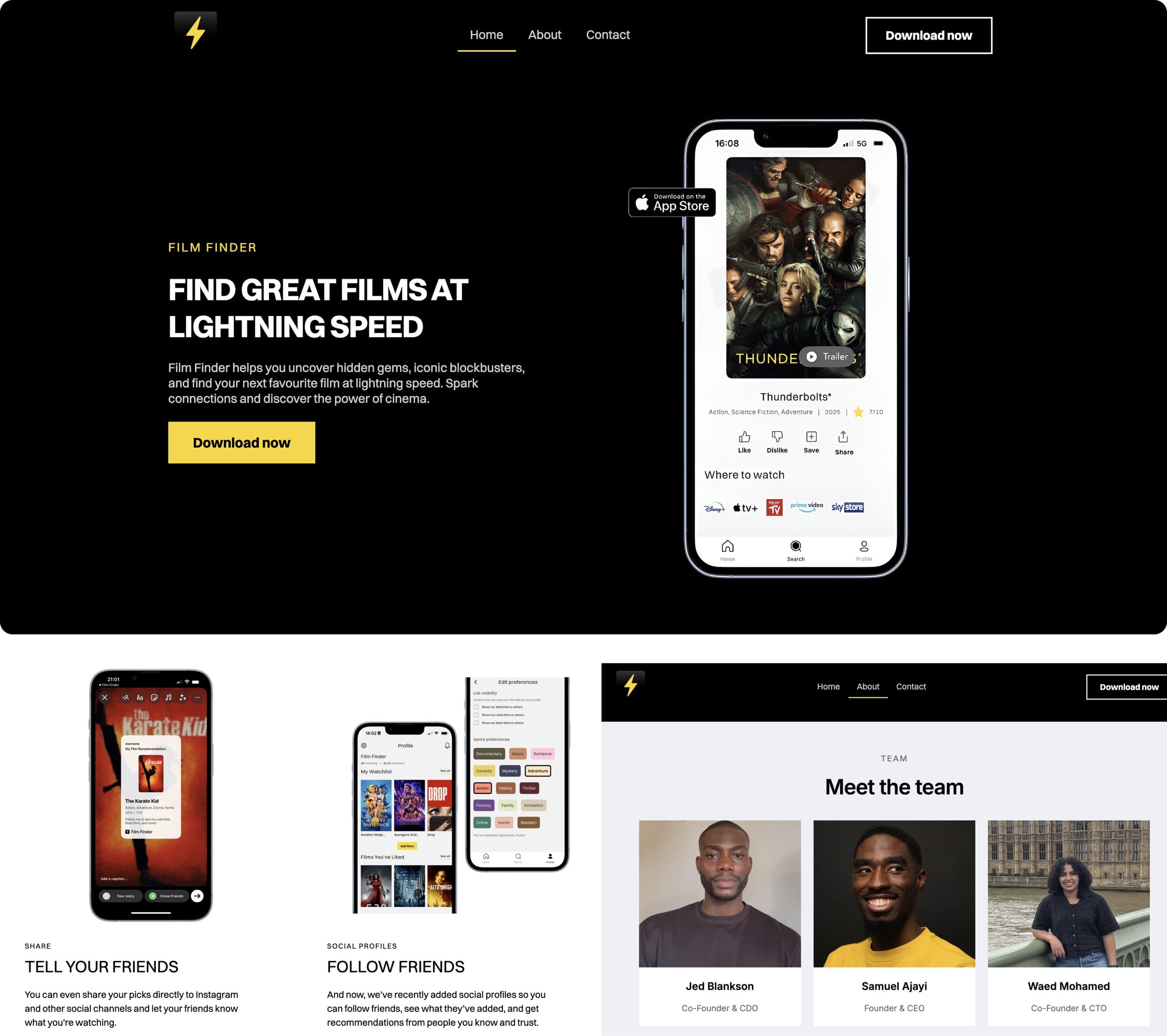 The marketing site: confident, tagline first, bolt in the nav.