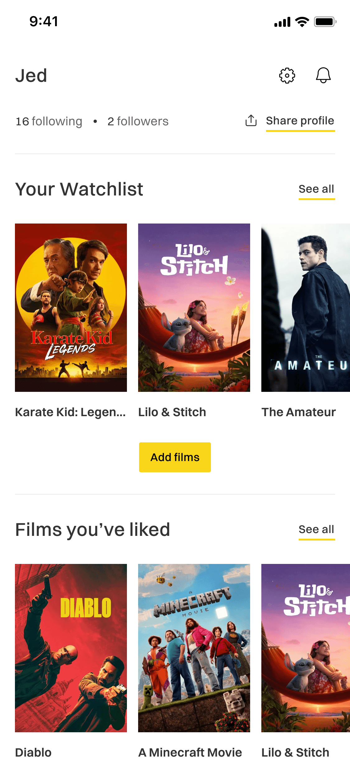 A profile built around film identity: watchlist, liked and seen, framed around finding films through shared taste rather than a follower feed.